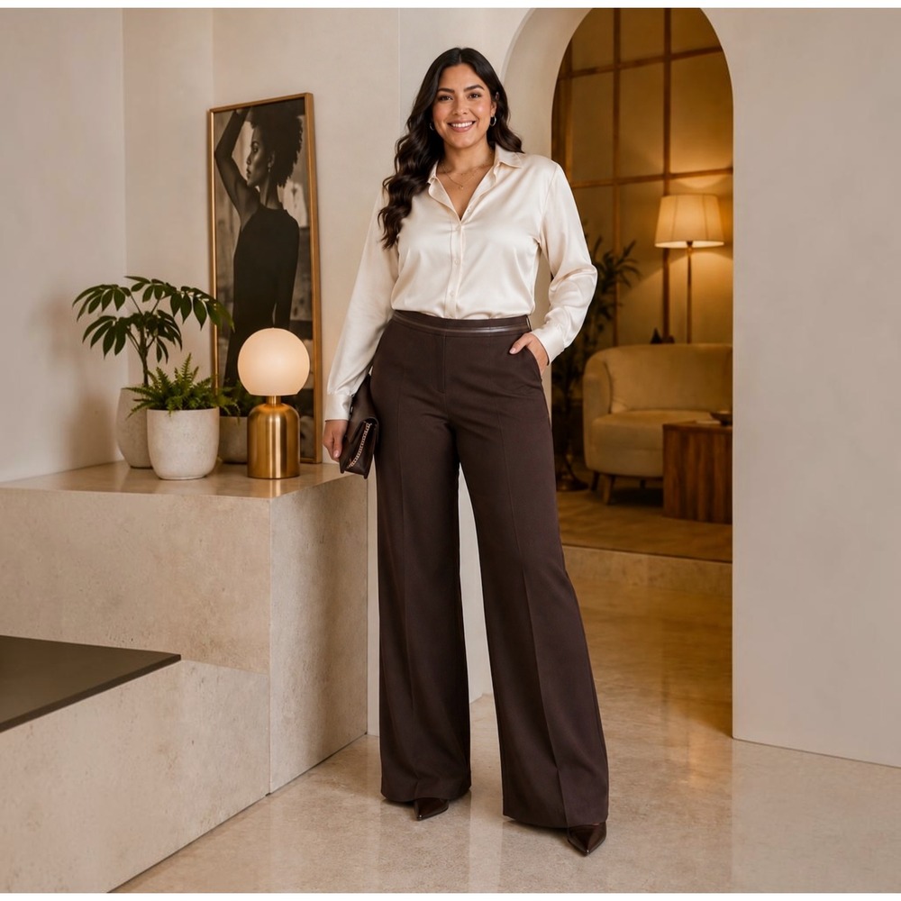 Elie Tahari Brown Leather Trim Wool Blend Straight Leg Dress Pants NWT Size 12